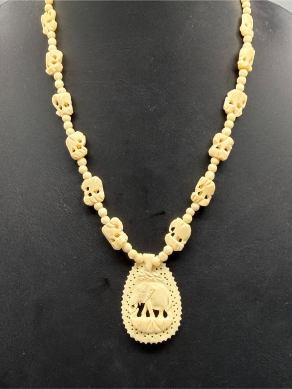 Hand Carved Elephant Pendant NecklaceBeaded Skull Design - 22" Length